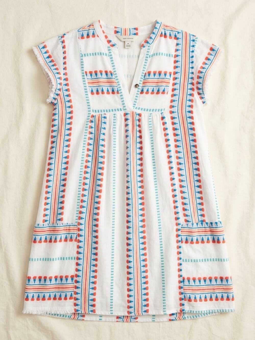 Grace + Karma S White Blue Orange Embroidered Tunic Dress Boho V Neck